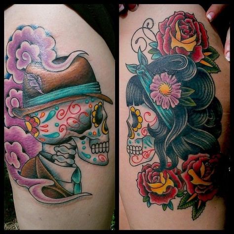 Couples Skull Tattoos, Female Sugar Skull Tattoo, Sugar Skull Couple Tattoo, Skull Couple Tattoo, Mexican Skull Tattoos, Rockabilly Tattoos, Female Skull, Tattoo Male, Pearl Tattoo