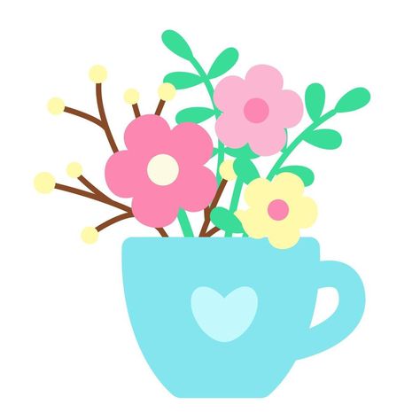 Spring flowers and plants in cup with heart print. Positive print in pastel light colors. Fantasy simple flowers. Print for cads, textile, Easter design and decor. Cute and nice illustration Borders And Frames, Easter Design, Cityscape Photos, Logo Banners, Simple Flowers, Heart With Arrow, Background Banner, Heart Print, Flower Frame