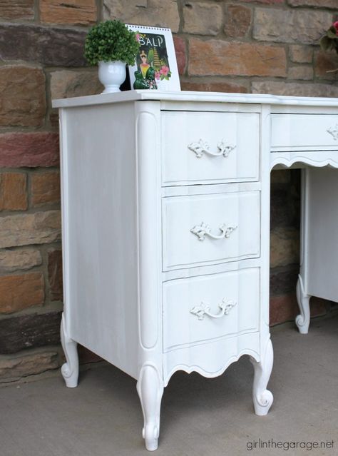 French Provincial Desk Makeover with Decoupage Drawers - Girl in the Garage Old Desk Redo, French Provincial Desk Makeover, Vintage French Provincial Furniture, Vintage French Desk, Bright White Paint, French Provincial Desk, Decoupage Drawers, French Provincial Dresser Makeover, Painting Desk