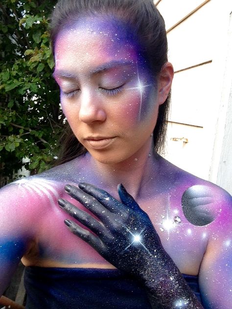 Galaxy airbrush body paint by Air Bené Galaxy Body Painting, Airbrush Body Art, Galaxy Body Art, Airbrush Body Painting, Airbrush Face Painting, Body Painting Pictures, Medium Length Hair Up, Galaxy Artwork, A Line Haircut