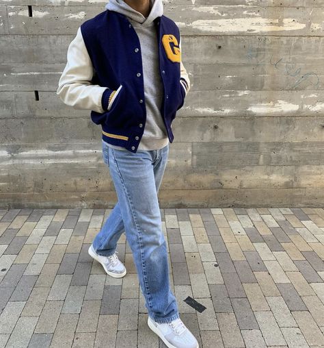 Navy Varsity Jacket Outfit, Lettermen Jacket Outfit Men, Blue Varsity Jacket Outfit Men, College Jacket Outfit Men, Lettermen Jacket Outfit, University Jacket Outfit, Blue Varsity Jacket Outfit, Varsity Jacket Outfit Mens, Hoddies Outfits Men