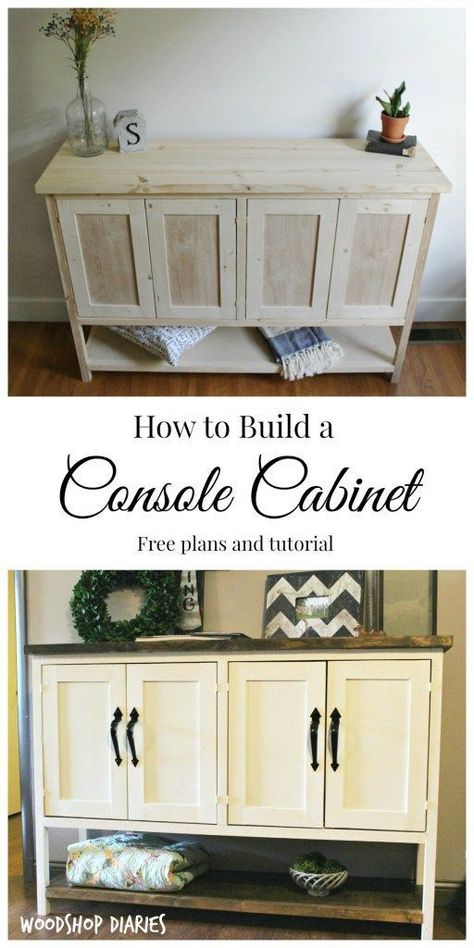 How to build a Gorgeous DIY Console Cabinet. Great for use as an entryway table or in a dining room as a DIY buffet table. Free building plans and step by step tutorial Diy Console Cabinet, Diy Buffet Table, Diy Buffet, Diy Console, Free Building Plans, Diy Furniture Redo, Building Furniture, Console Cabinet, Plywood Furniture