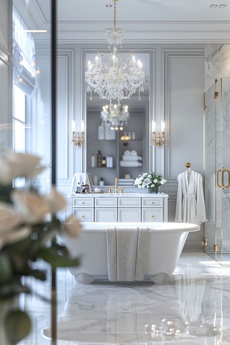 Transform Your Space: Explore This Elegant, Luxe Bathroom Design! American Classic Bathroom, Vanity With Gold Hardware, White Bathtub, Elegant Bathroom Design, Luxe Bathroom, Bathroom Counter Decor, Space Experience, Counter Decor, Marble Flooring