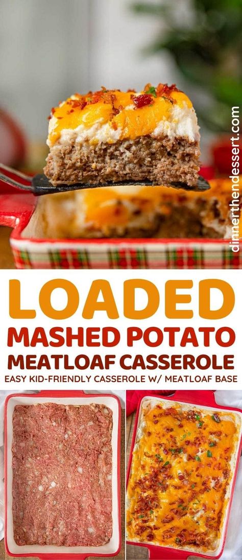 Loaded Mashed Potato Meatloaf Casserole is beef meatloaf, loaded mashed potatoes, bacon and cheese baked until crispy. #dinner #casserole #meatloaf #meatloafcasserole #mashedpotatoes #cheddarcheese #loadedmashedpotatoes #holidaydinner #weeknightdinner #dinnerthendessert Meatloaf Topped With Mashed Potatoes, Loaded Mash Potatoe Meatloaf, Chop Meat Dinner Ideas, Loaded Meatloaf Casserole 12 Tomatoes, Loaded Mashed Potato Meatloaf, Loaded Meatloaf And Potato Casserole, Cheesy Loaded Meatloaf Casserole 12 Tomatoes, Mashed Potatoes And Meatloaf, Hamburger Meat And Mashed Potato Recipes