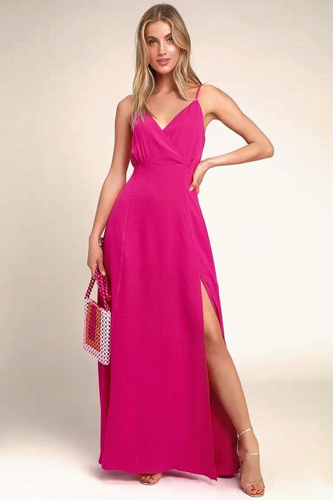 Fucsia Dress Outfit Wedding, Light Hot Pink, Hot Pink Maxi Dress, Hot Pink Prom Dress, Neon Prom Dresses, Easter Dresses For Toddlers, Flare Maxi Skirt, Fuschia Dress, Gorgeous Maxi Dresses