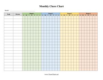 Each week is broken down into its own color to help assign daily and weekly tasks in this printable monthly chore chart. Free to download and print Chores Daily Weekly Monthly, Chore Chart For Adults Template, Monthly Chore Chart, Chore Chart Daily Weekly Monthly, Blank Chore Chart Printables Free, Cleaning Template, Chore Chart Ticket System, Reward Chart Template, Life Tricks