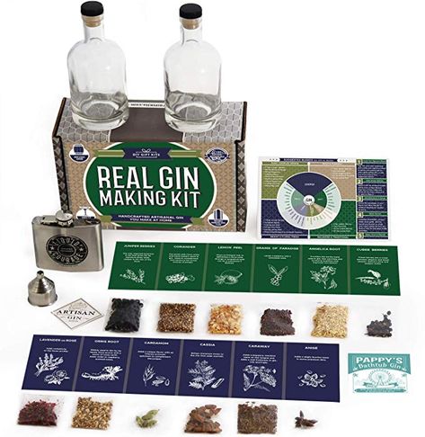 Real Gin Making Kit (Deluxe Edition) w/ Stainless Steel Personalized Flask, For Making Delicious Martinis, Gin and Tonics, Spirits & Cocktails At Home | Botanicals, Recipe Guides, Bottles & Labels & M: Amazon.com: Grocery & Gourmet Food Gin Making Kit, Gin Making, Personalized Flask, Mixology Set, Cocktails At Home, Personalized Flasks, Flavored Drinks, Gift Kit, Pure Leaf Tea Bottle