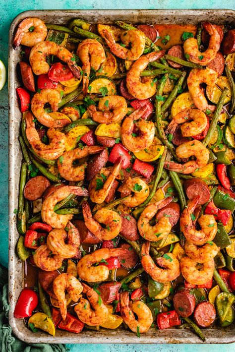 Shrimp And Sausage Sheet Pan, Cajun Shrimp And Sausage, Sausage Skillet Recipe, Shrimp And Green Beans, Sausage Sheet Pan, Sausage And Green Beans, Spiced Shrimp, Shrimp And Sausage, Shrimp Sausage