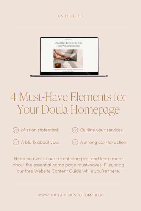 First impressions matter, especially on your website! Check out our latest blog post to learn the 4 essential elements your homepage needs to convert website visitors into doula clients. #doula #doulabusiness #doulawebsite #doulawebsitedesign #webdesigndoula #birthdoulawebsite Call Template, Doula Website, Becoming A Doula, Doula Business, Blog Post Ideas, Website Copy, Birth Doula, Website Content, Discovery Call