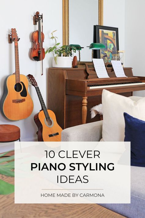 The piano is often the odd piece of furniture in the room that nobody knows how to decorate around. Well we've got 10 amazing examples of spaces that have worked it perfectly into their decor and even made it a focal point! | Home Made by Carmona #piano #musicroom #pianodecor Music Sitting Room Ideas, Piano Focal Point Living Room, Modern Piano Decor, Piano Placement In Living Room Upright, Shelves Above Piano, Piano In Living Room Layout, Styling Piano, Decorating Piano, Living Room Decor With Piano