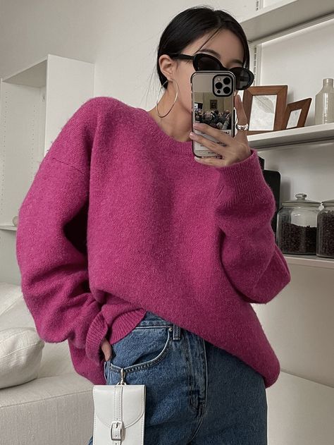 Hot Pink Casual Collar Long Sleeve Fabric Plain Pullovers Embellished Slight Stretch  Women Clothing Hot Pink Sweater Outfit, Pink Sweatshirt Outfit, Pink Sweater Outfit, Fuzzy Sweater Outfit, Hot Pink Sweatshirt, Pink Fuzzy Sweater, Hot Pink Sweater, Outfit Plan, Pullover Outfit