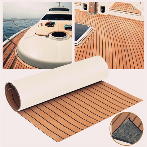 Product Description Universal 94.5"X17.7" Autos Boat Marine Flooring Yacht EVA Foam Mat Teak Decking Features: -100% Brand new and high quality -Non-skid EVA Foam Faux Teak Sheets provide unparalleled comfort and exceptional traction - even when wet! -They have a combined thickness of 6mm of soft, durable foam materials with a simple, robust peel-and-stick backing. -Have the look of teak without the difficult installation, costs and maintenance required for real wood -Teak brown over black and can easily be cut down to fit nearly any surface on a boat where non-skid, or protection for the boat's surface is required. -Deep-processing: Customized - Water resistance: Non-absorbent, moisture resistance - Vibration resistance: a good ability of resilience, tensile resistance and toughness - Hea House Boat Furniture, Yacht Flooring, Marine Flooring, Boat Interior Design, Sailboat Interior, Van Bed, Caddy Maxi, Boat Decor, Foam Flooring