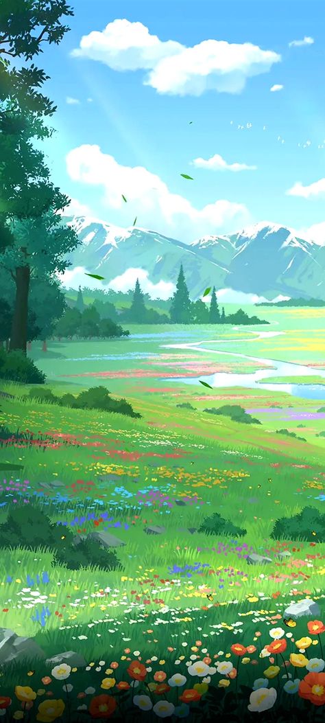 Anime Wallpapers Landscapes, Cute Anime Landscape, Ghibli Landscape Wallpaper, Anime Nature Aesthetic Wallpaper, Sunny Wallpers, Anime Nature Background, Cute Landscape Background, Cute Landscape Drawing, Ghibli Scenery Landscapes