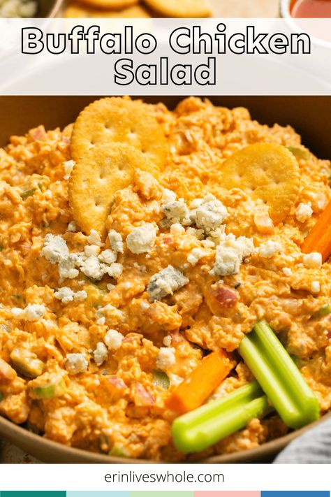 Healthy Buffalo Chicken Salad - Erin Lives Whole Buffalo Chicken Salad Healthy, Super Bowl Crockpot, Healthy Buffalo Chicken Salad, Buffalo Chicken Salad Recipe, Crockpot Buffalo Chicken Dip, Buffalo Chicken Dip Crock Pot, Crockpot Buffalo Chicken, Buffalo Chicken Soup, Buffalo Chicken Dip Easy