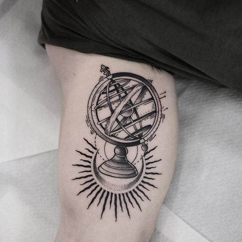 Did this armillary sphere for Marc. Thanks man #blackworkers_tattoo #blacktattooart… Celestial Sphere Tattoo, Armillary Sphere Tattoo, Gyroscope Tattoo, Sphere Tattoo, Plane Tattoos, Clock Tattoo Sleeve, Plane Tattoo, Occult Clothing, Armillary Sphere