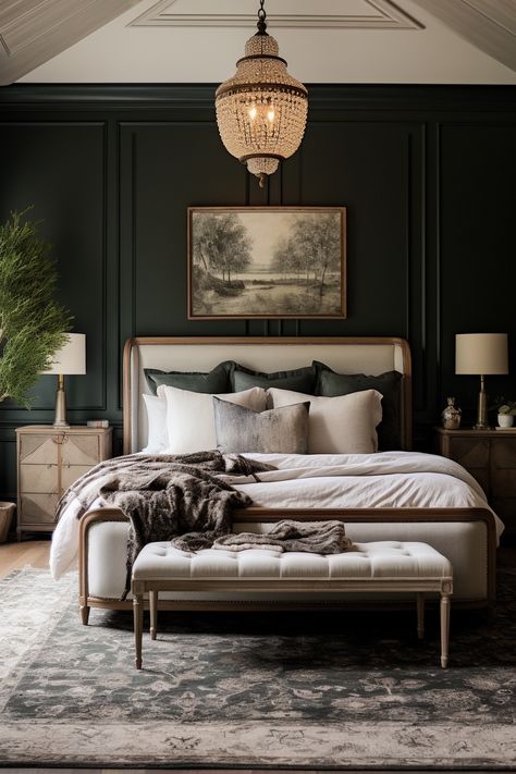 40+ Moody Romantic Bedroom Ideas To Unwind In French Contemporary Bedroom, Master Bedrooms Decor Romantic, Wood Panel Bedroom, Moody Romantic Bedroom, Provincial Bedroom, Romantic Bedroom Ideas, Glam Bathroom, Luxe Bedroom, Victorian Bedroom