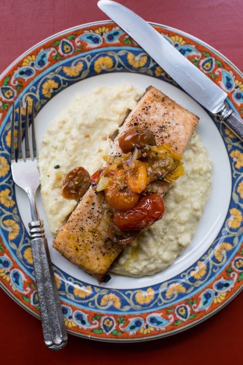 Salmon with Polenta and Warm Tomato Vinaigrette — The Mom 100 Easy Salmon Dinner, Salmon Dinner Recipes, Tomato Vinaigrette, Best Salmon Recipe, Polenta Recipes, Easy Salmon Recipes, Roasted Cherry, Salmon Dinner, Roasted Cherry Tomatoes