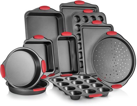 Perlli 10Piece Nonstick Carbon Steel Bakeware Set With Red Silicone Handles  Metal Reusable Quality Kitchenware For Cooking and Baking Cake Loaf Muffins andMore  Non Stick Kitchen Supplies -- Be sure to check out this awesome product. (This is an affiliate link) Turtle Cheesecake Recipes, Cake Baking Supplies, Cake Loaf, Bakeware Storage, Turtle Cheesecake, Desain Pantry, Kitchenware Set, Baking Set, Bakeware Set