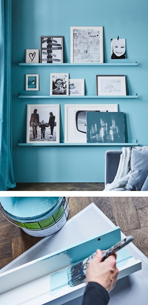 Looking for some fun photo wall ideas? Create a photo frame wall in your living room! Match your wall colour with the picture ledges for maximum impact. TRY IKEA picture ledge MOSSLANDA in white. We painted them in a bold turquoise hue. Picture Rails Shelf Photo Ledge, Ikea Ledge Shelf Ideas, Wall Colours Ideas, Ikea Picture Ledge Ideas, Ikea Mosslanda Hack, Mosslanda Ikea Ideas, Living Room Ideas Ikea, Fireplace Ledge, Mosslanda Ikea