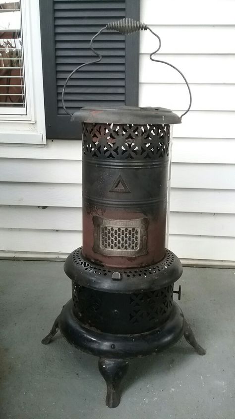 Attach a tray or glass top to make a side table out of an old kerosene heater. Kerosene Heater, Oil Heater, Kerosene, Wood Stove, Stove, Special Gifts, Side Table, Decor Ideas, Home Appliances