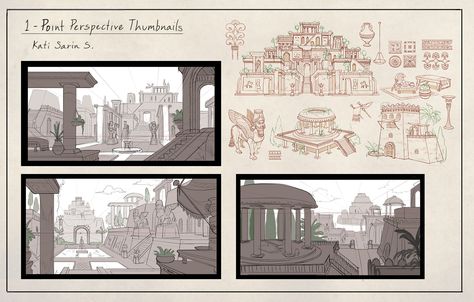 One Point Perspective Concept Art, Perspective Environment, One Point Perspective Environment, Environment Concept Art Step By Step, Indian Concept Art Environment, Environment Concept Art Thumbnails, 1 Point Perspective, Perspective Sketch, Gardens Of Babylon