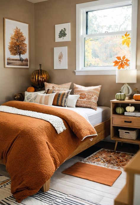 Fall Halloween Bedroom Ideas You Really Like - Blushiee Cozy Fall Room Decor Bedroom Ideas, Fall Halloween Bedroom, Pumpkin Orange Bedding, Fall Bedroom Aesthetic Autumn, Pumpkin Color Bedding Set, Halloween Bedroom Ideas, Pumpkin Bedding Set, Cozy Fall Room Decor, Room Decor Bedroom Ideas