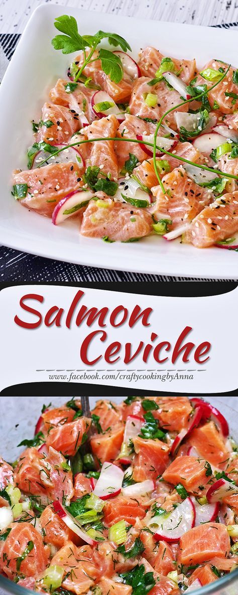 Salmon Sashimi Recipe, Raw Salmon Recipes, Civeche Recipe, Low Calorie Appetizers, Ceviche Recipes, Salmon Ceviche, Sommer Mad, Garlic Butter Salmon, Ceviche Recipe