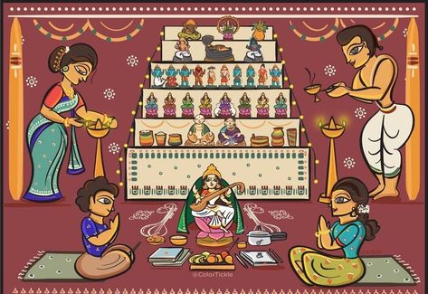 Navaratri Golu Invitation, Kalighat Paintings, Navaratri Golu, Bommala Koluvu, Jamini Roy, Village Drawing, Indian Wall Art, Indian Illustration, Chalkboard Drawings