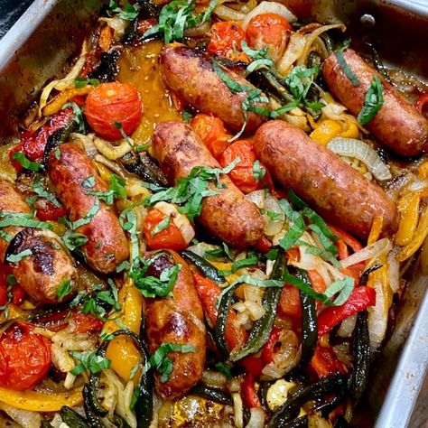 Roasted Sausage & Peppers Sausage And Peppers Ina Garten, Roasted Italian Sausage And Peppers, Alfresco Sausage Recipes, Ina Garten Sausage And Peppers, Italian Peppers And Sausage, Toulouse Sausage Recipe, Italian Sausage And Potatoes In Oven, Oven Roasted Sausage And Peppers, Sausage Peppers And Onions In Oven