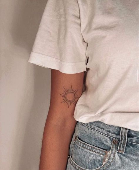 Red Yin Yang Tattoo, Full Sun Tattoo, Arizona Sun Tattoo, Unique Sun Tattoos For Women, Sun Tattoo Placement Ideas, Sun On Elbow Tattoo, Sun Tattoo Inner Arm, Elbow Tattoo Sun, Delicate Sun Tattoo