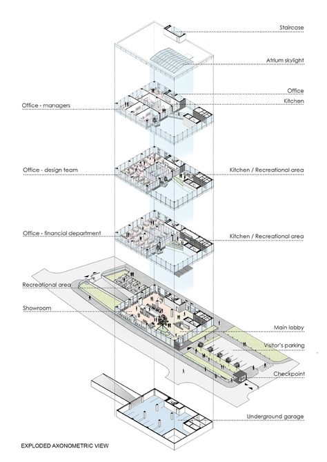 Administrative Building, Axonometric View, Armstrong Ceiling, Architecture Program, Office Building Architecture, Building Concept, Concept Diagram, Exposed Concrete, Building Architecture