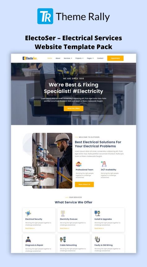 ElectoSer – Electrical Services Website Template Pack Electrical Website Design, Services Website Page, Electrician Website Design, Services Website Design Layout, Services Page Design Website, Website Services Page Design, Electrician Branding, Website Services Page, Electrician Services