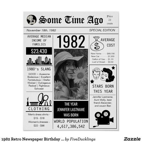 Newspaper Birthday Theme, 1982 Birthday, Retro Newspaper, Birthday Newspaper, Wedding Newspaper, Party Favors Birthday, Yearbook Themes, Favors Birthday, Vintage Newspaper