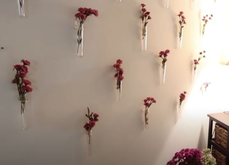 Flower Test Tube Wall, Flower In Test Tube, Flower Stem Wall, Test Tube Flower Wall, Fairy Lights On Wall, Fragrance Bar, Dorm Inspo, Floating Flowers, Glass Vials