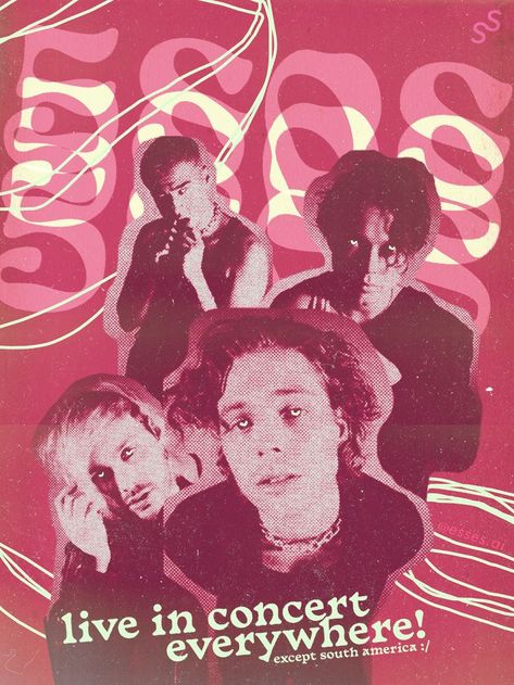 Band poster of 5 seconds of summer, pink poster in the style of punk posters of the 80s and 90s. Designed in photoshop. It reads: 5SOS Live in concert everywhere, except south america... 5sos Graphic Design, Concert Posters Design, Tour Posters Design, Concert Poster Ideas, Vision Board Design, College Posters, Music Graphics, College Poster, Digital Ideas