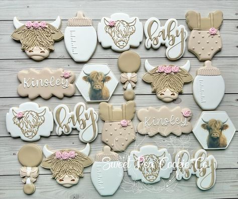 Highland Cow Baby Shower Cookies, Highland Cow Baby Shower Ideas, Highland Cow Cookies, Highland Cow Baby Shower Theme, Baby Shower Cookies Neutral, Country Gender Reveal, Cow Baby Shower Theme, Highland Cow Baby, Cow Baby Shower