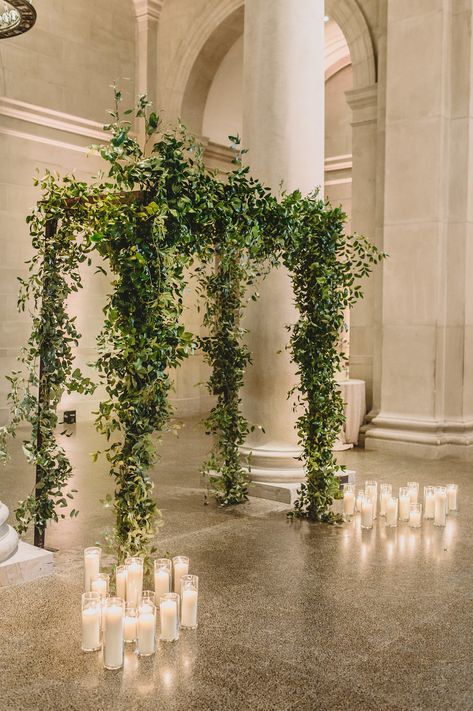 Wedding Stage Flowers, Baltimore Museum Of Art Wedding, Minimalist Chuppah, Chuppah Greenery, Chuppah With Greenery, Aisle Planner, Grooms Party, Urban Wedding Venue, Elegant Winter Wedding