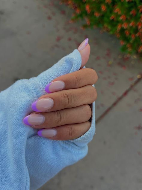 Purple French Almond Nails, Lilac Hoco Nails, Hoco Nails For Purple Dress, Bright Purple French Tip Nails, Bright Purple Nail Ideas, Purple Oval Acrylic Nails, Cute Summer Nails Purple, Purple French Tips Almond, Light Purple Nails French Tip