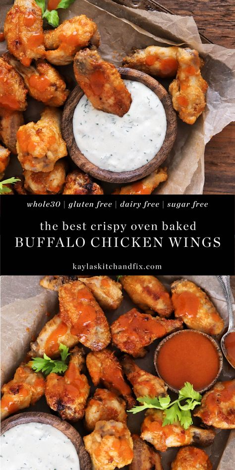 Crispy Buffalo Chicken Wings, Gluten Free Chicken Wings, Paleo Buffalo Chicken, Healthy Chicken Wings, Buffalo Chicken Wings Recipe, Wings In The Oven, Wings Recipe Buffalo, Refined Sugar Free Recipes, Baked Buffalo Chicken