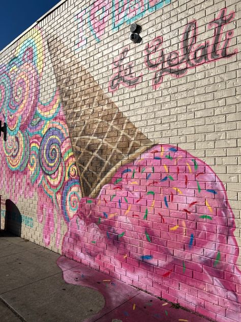 ice cream mural on wall in dearborn michigan Ice Cream Mural Street Art, Ice Cream Selfie Wall, Ice Cream Murals, Ice Cream Shop Mural, Ice Cream Mural, Shop Bathroom Ideas, Snack Truck, Walls Ice Cream, Ice Cream Wall Art