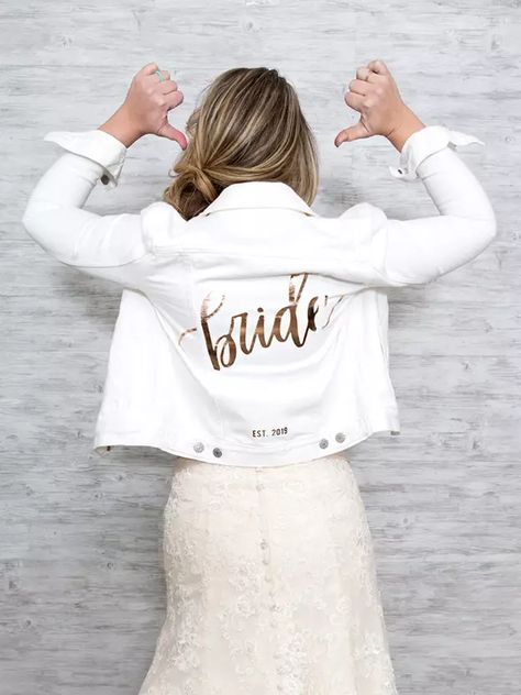 White Jeans For Men, White Tuxedo Wedding, Bride Jacket, Dress With Jean Jacket, Bridal Jacket, Wedding Jacket, White Bride, Bachelorette Party Games, Rustic Wedding Dresses