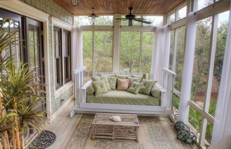 Sunroom addition with large windows and swinging loveseat Small Sunroom Decorating Ideas, Gauzy Curtains, Patio Goals, Modern Sunroom, Conservatory Interior, Small Sunroom, Accessories Pictures, All Season Room, Enclosed Porch