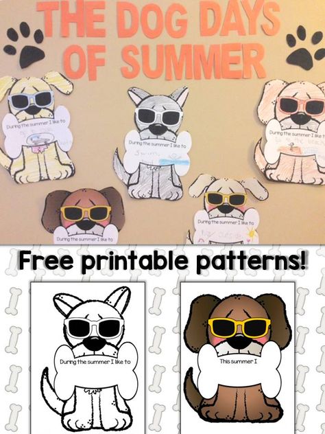 Dog Days of Summer Display & Free Printable Patterns - Lessons for Little Ones by Tina O'Block Dog Bulletin Board, Free Printable Patterns, Summer Display, Summer Bulletin Boards, Kindergarten Freebies, Dog Patterns, Printable Dog, Dog School, Dog Days Of Summer