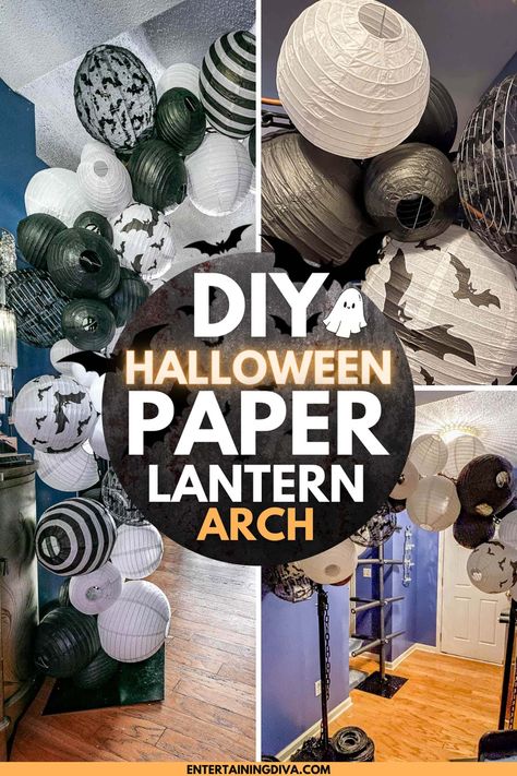 DIY Halloween Paper Lantern Arch | Halloween Paper Lantern Photo Backdrop, Halloween Arches Diy, Paper Lantern Diy, Diy Halloween Bottles, Halloween Scene Setters, Halloween Photo Backdrop, Halloween Diy Paper, Halloween Party Drinks, Halloween Haunted House Decorations