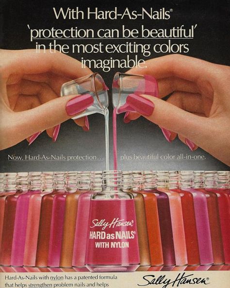 Sally Hansen ad from 1980 1980 Nails, 1980s Nails, Nail Polish Aesthetic, Nail Magazine, Vintage Seventeen Magazine, 80s Nails, Just Seventeen, Vintage Makeup Ads, Beauty Advertising