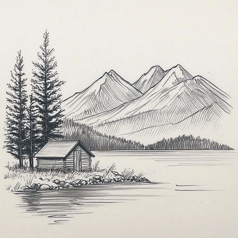 Minimal Cabin in Nature – A basic pencil sketch featuring a small cabin by a lake, with minimal trees and distant mountains. The lines are simple and rough, creating an easy-to-replicate hand-drawn feel, perfect for beginners in sketching nature scenes. Nature Art Easy Drawings, Mountain View Drawing, Nature Sketches Pencil Simple, Cabin Drawing Simple, Simple Pencil Drawing Images, Simple Nature Drawings, Landscape Sketch Pencil, Cottage Tattoo, Drawings Of Mountains