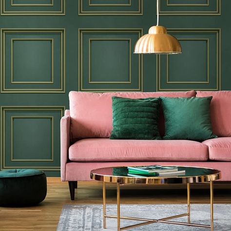 Featuring a realistic wood panel print in a luxurious rich green shade, the Belgravia Decor Forbidden Fruit Panel Green/Gold Metallic Wallpaper gives a contemporary feel to your home. With gold borderlines and metallic finish, the geometric panels ooze maturity and style. This green wallpaper will look fabulous with contemporary furniture and metallic elements. Use the Belgravia Decor Forbidden Fruit Panel Green/Gold Metallic Wallpaper to add opulence and modern flair to your home. This flat wa Panelling Walls Living Room, Wood Panelling Walls Living Room, Wood Panelling Walls, Panelled Wallpaper, Panelling Walls, Office Feature Wall, Gold Metallic Wallpaper, Panel Wallpaper, Wall Trends