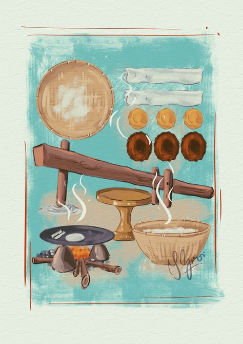 Foods of bihu festival northeast India Bihu Festival Drawing, Bihu Drawing Ideas, Bohag Bihu Drawing, Magh Bihu Drawing, Assam Illustration, Assam Painting, Bihu Drawing, Assam Culture Art, Bihu Assam