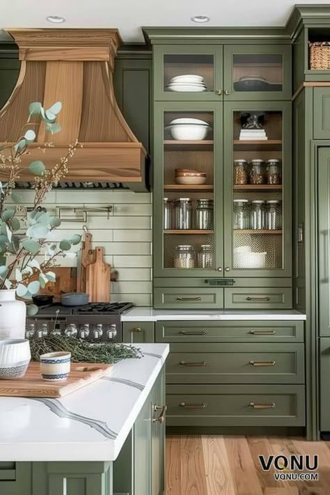 White Oak Kitchen Cabinets With Green Island, Green Paint In Kitchen, Warm Green Kitchen, Green And Natural Wood Kitchen, Green And Beige Kitchen, Wood And Green Kitchen, Green Wood Kitchen, Green Kitchen Decor Ideas, Green And Wood Kitchen