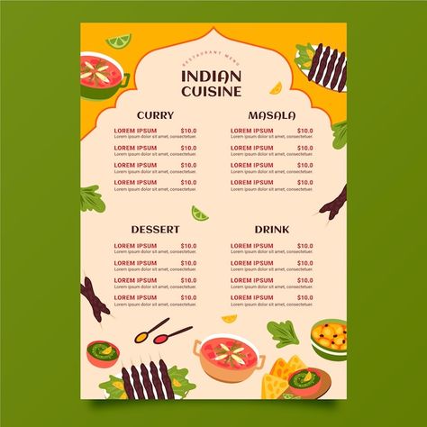 Free vector hand drawn indian menu desig... | Free Vector #Freepik #freevector #indian-menu #main-menu #beverage-menu #menu-design South Indian Menu Card, Book Menu Design Ideas, Menu Beverage, Indian Menu Design, Indian Food Menu, Illustrated Invitations, Cloud Kitchen, Menu Design Template, Simple Menu